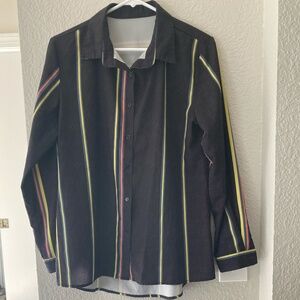 Astylish Women Loose Fit 3/4 Sleeve Collared Button Down Top with Stripes - M